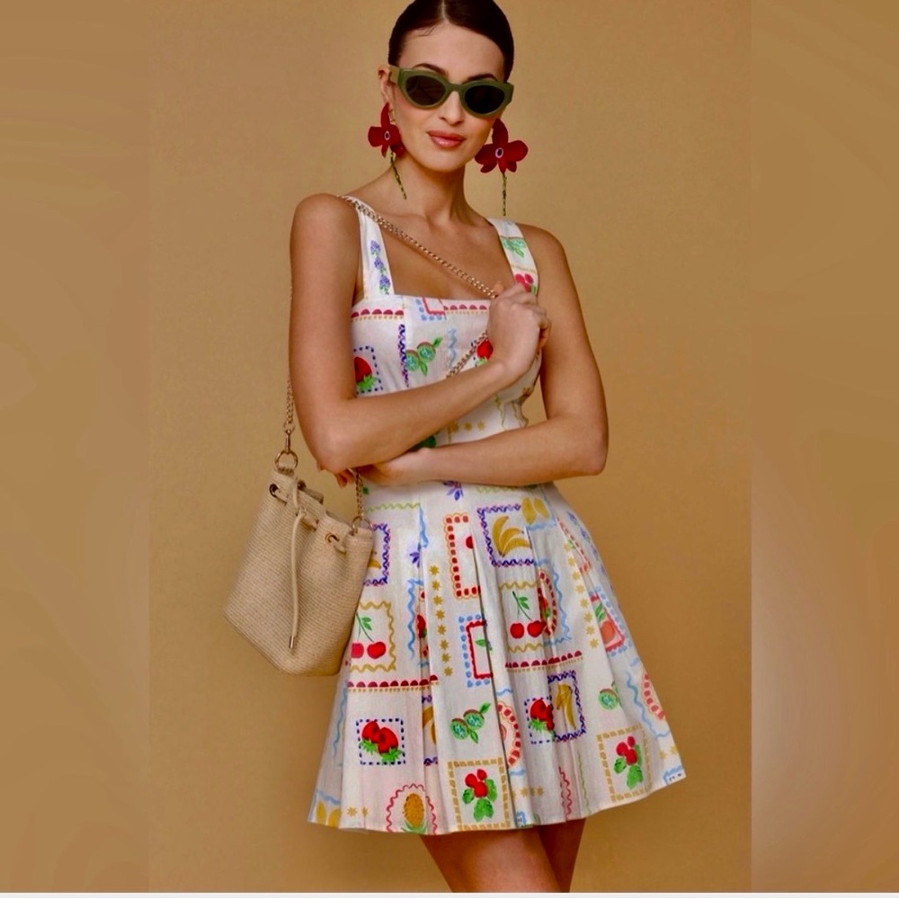 New Avec Les Filles Fruit-Print Flared Mini Dress - Picture 1 of 14